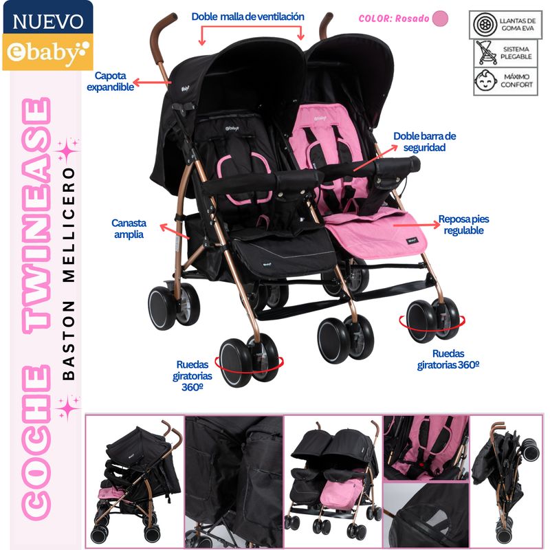 EBABY - Coche Baston Gemelar Twinease Rosado Ebaby