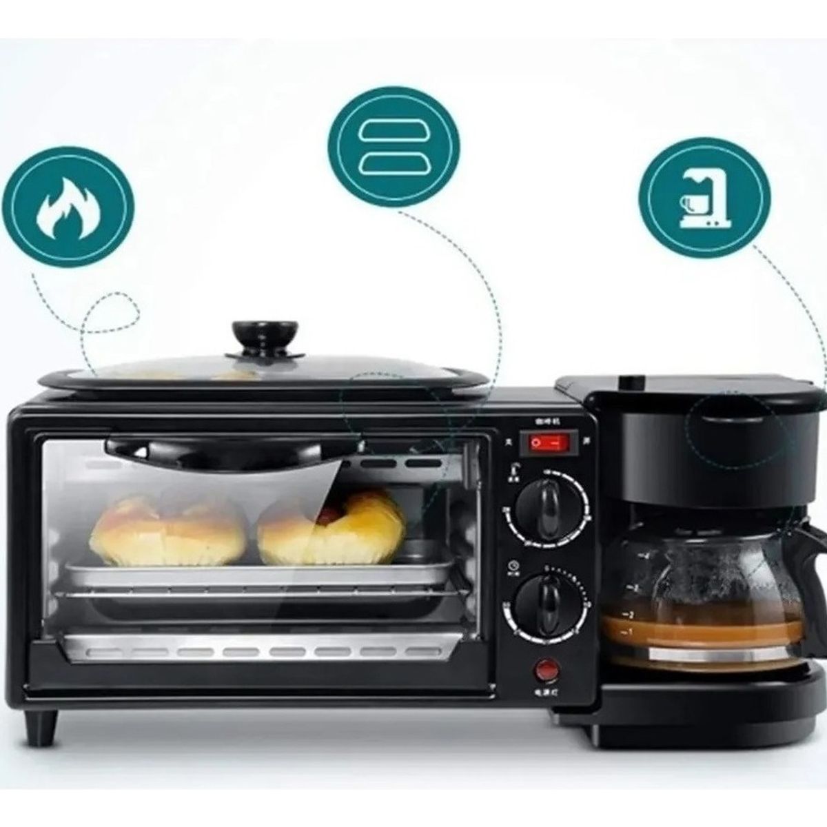 U BUY - Máquina 3 En 1 Cafetera Plancha Parrilla Horno Desayuno Elec