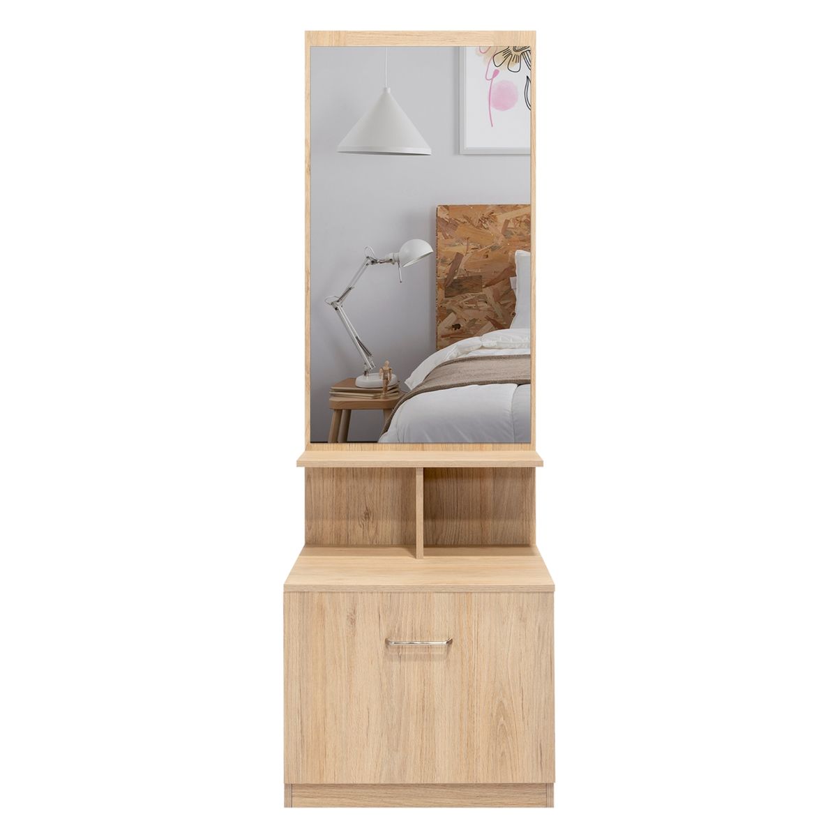 FMFURNITURE - Velador Multifuncional Con Espejo 1 Cajón Fm-006C Café Claro