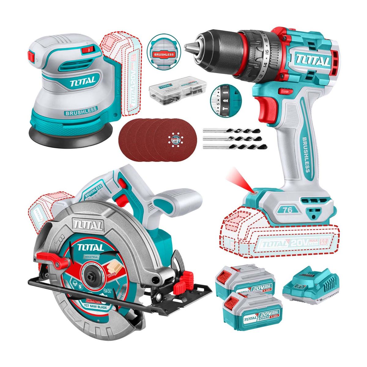 TOTAL TOOLS - COMBO TALADRO 76NM + LIJADORA ORBITAL 5+ SIERRA CIRCULAR 20V TOTAL