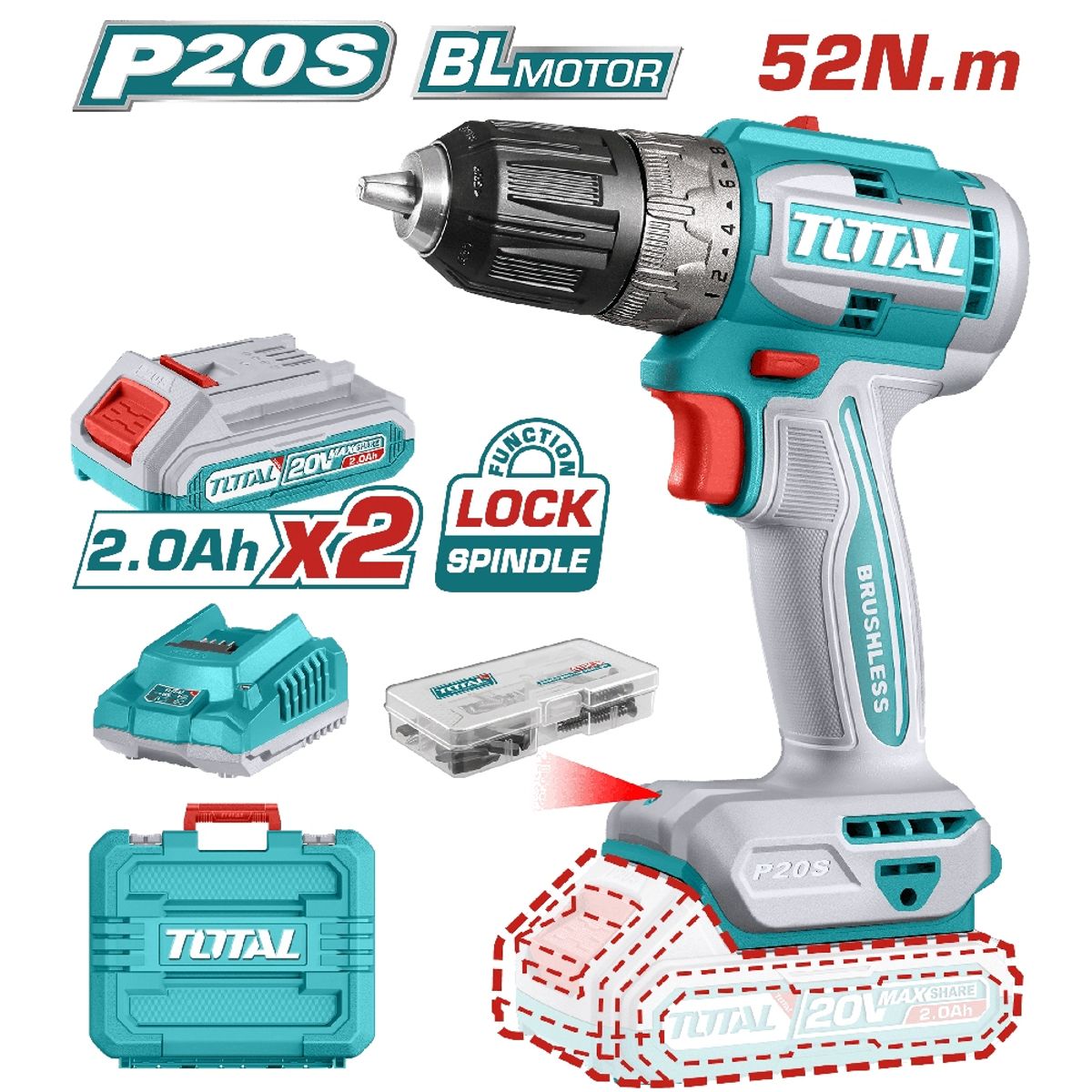 TOTAL TOOLS - TALADRO BRUSHLESS MALETIN INDUSTRIAL - TDLI20453