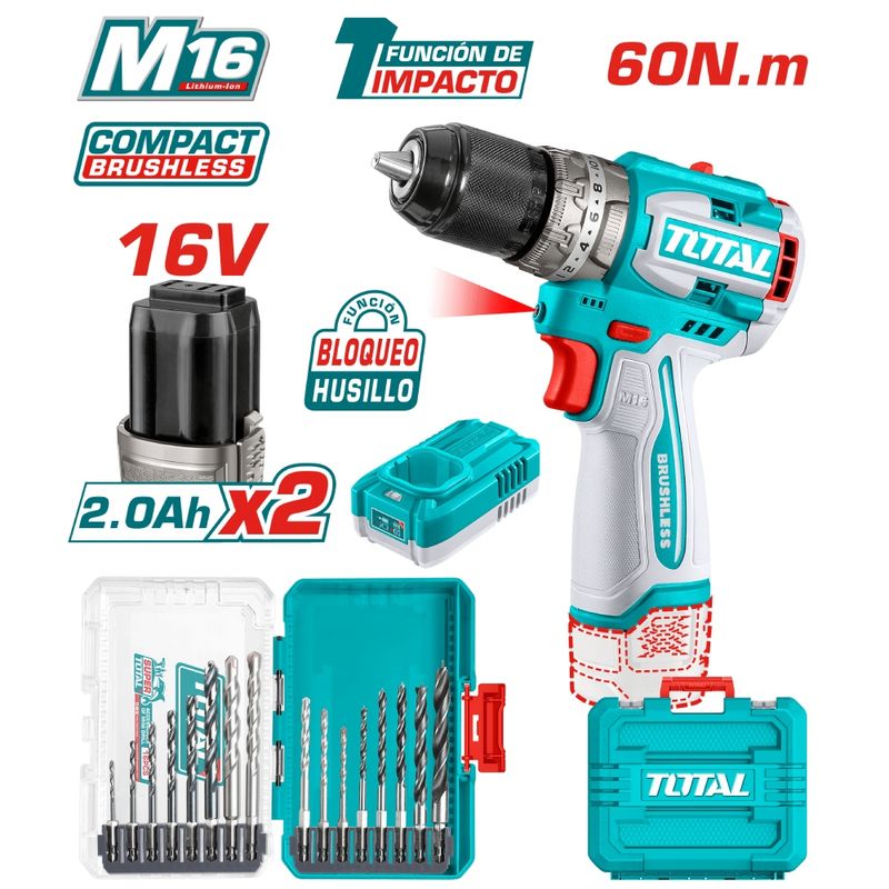 TOTAL TOOLS - COMBO TALADRO COMPACTO 2X20AH + SET BROCAS - TOSLI241199