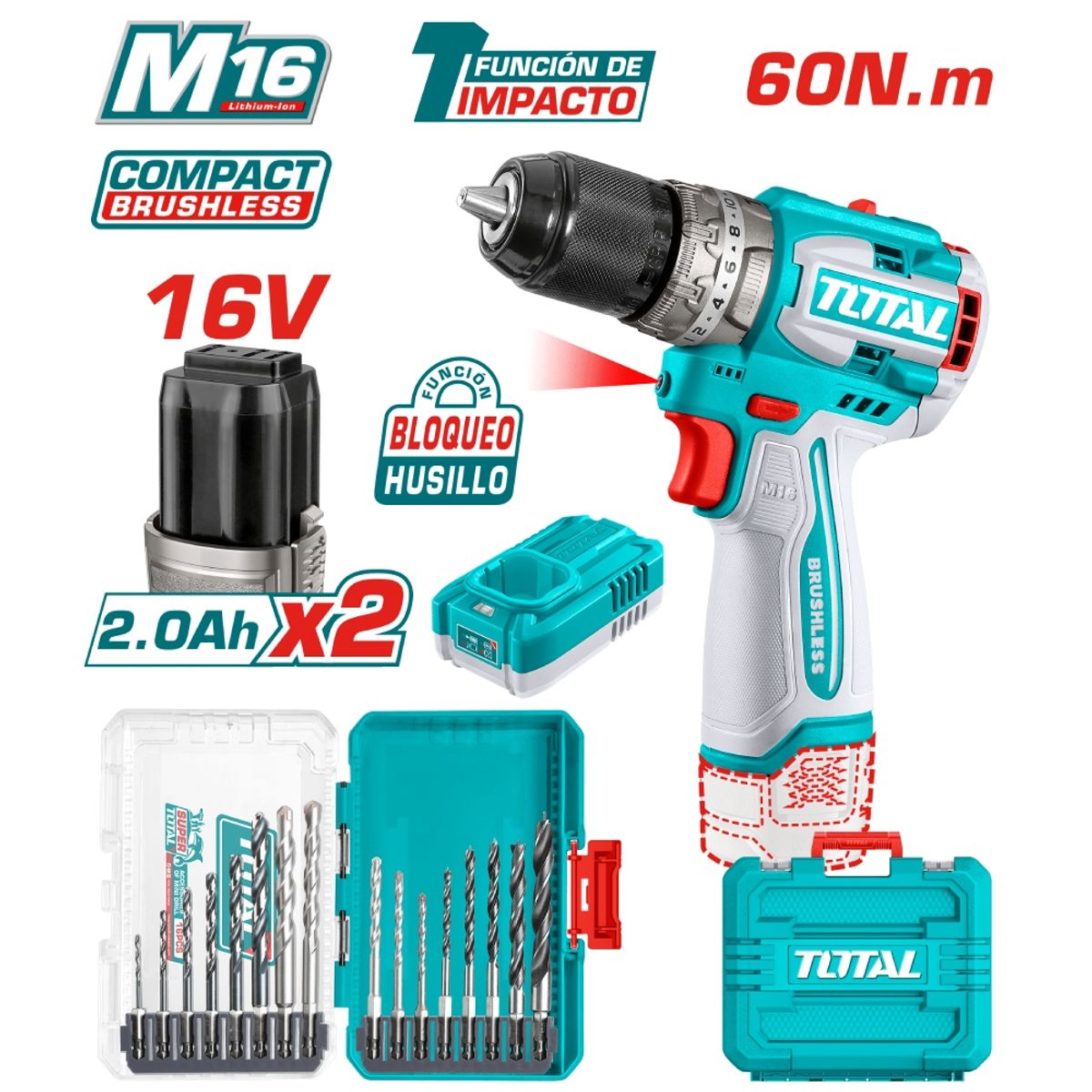 TOTAL TOOLS - COMBO TALADRO COMPACTO 2X20AH + SET BROCAS - TOSLI241199