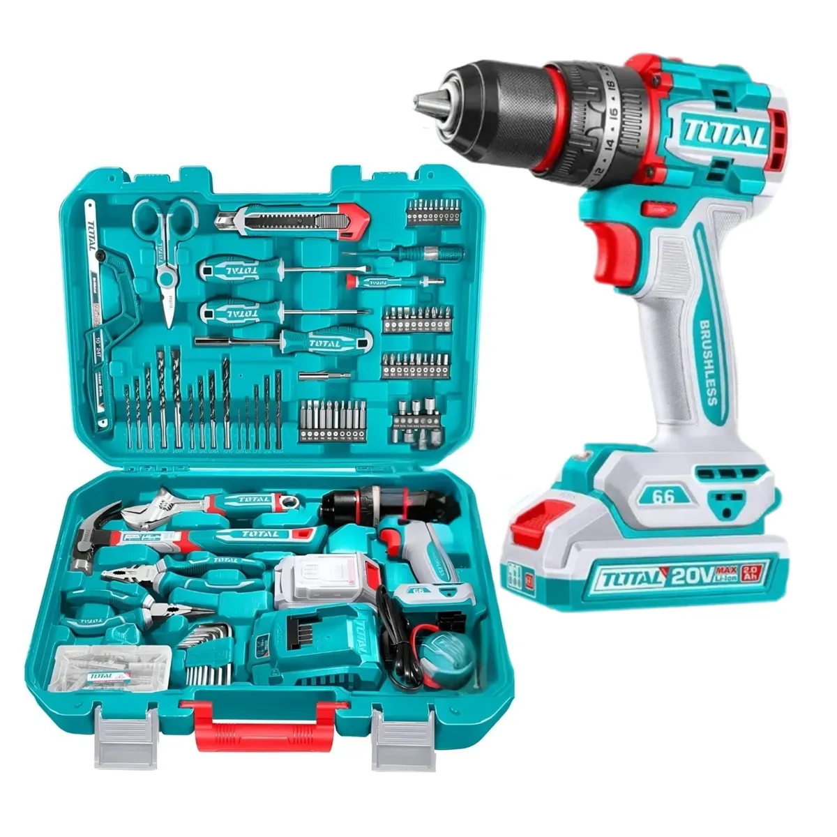 TOTAL TOOLS - TALADRO PERCUTOR BRUSHLESS 66Nm+ Set de Herramientas con 165Pcs