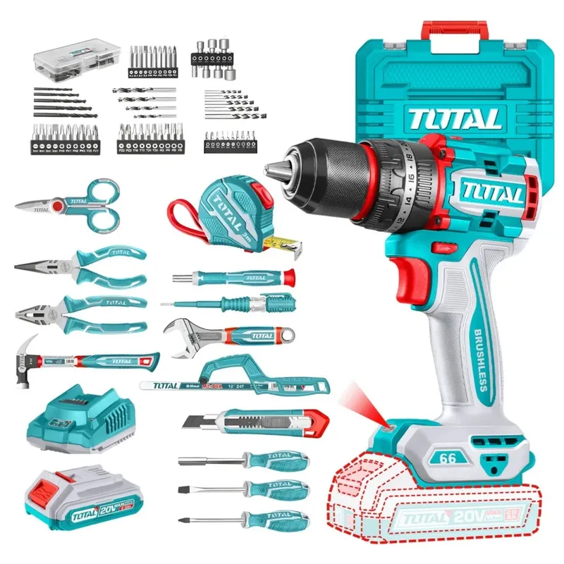TOTAL TOOLS - TALADRO PERCUTOR BRUSHLESS 66Nm+ Set de Herramientas con 165Pcs