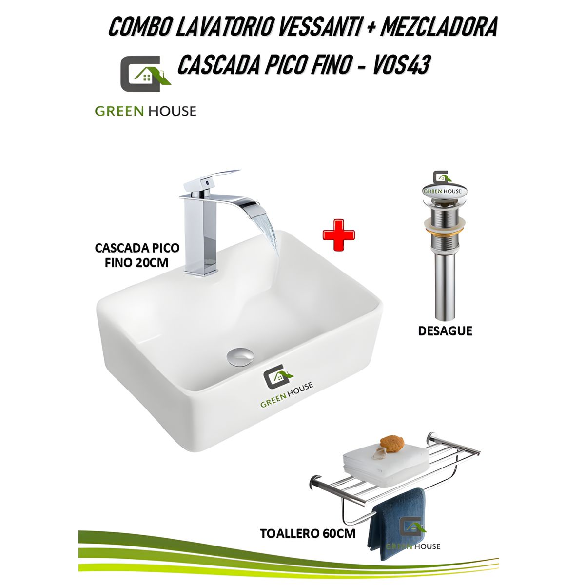 COMBO LAVATORIO VESSANTI + MEZCLADORA CASCADA PICO FINO - VOS43, marca GREEN HOUSE - Foto Principal