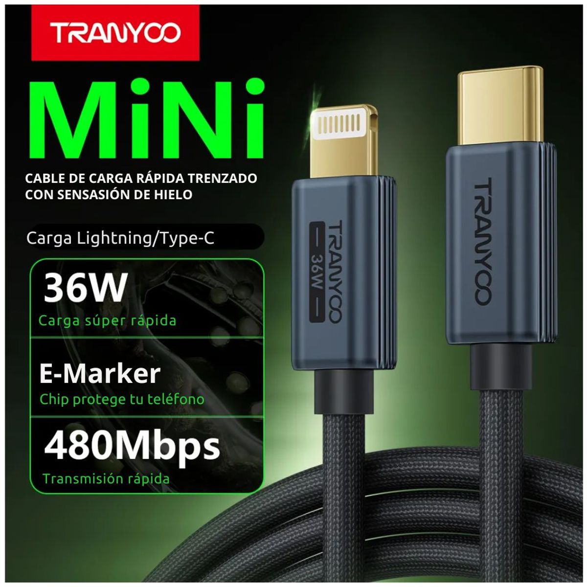 TRANYOO - Cable USB-C a Lightning 1.2 m 36W con Punta Metálica Mini CL-7