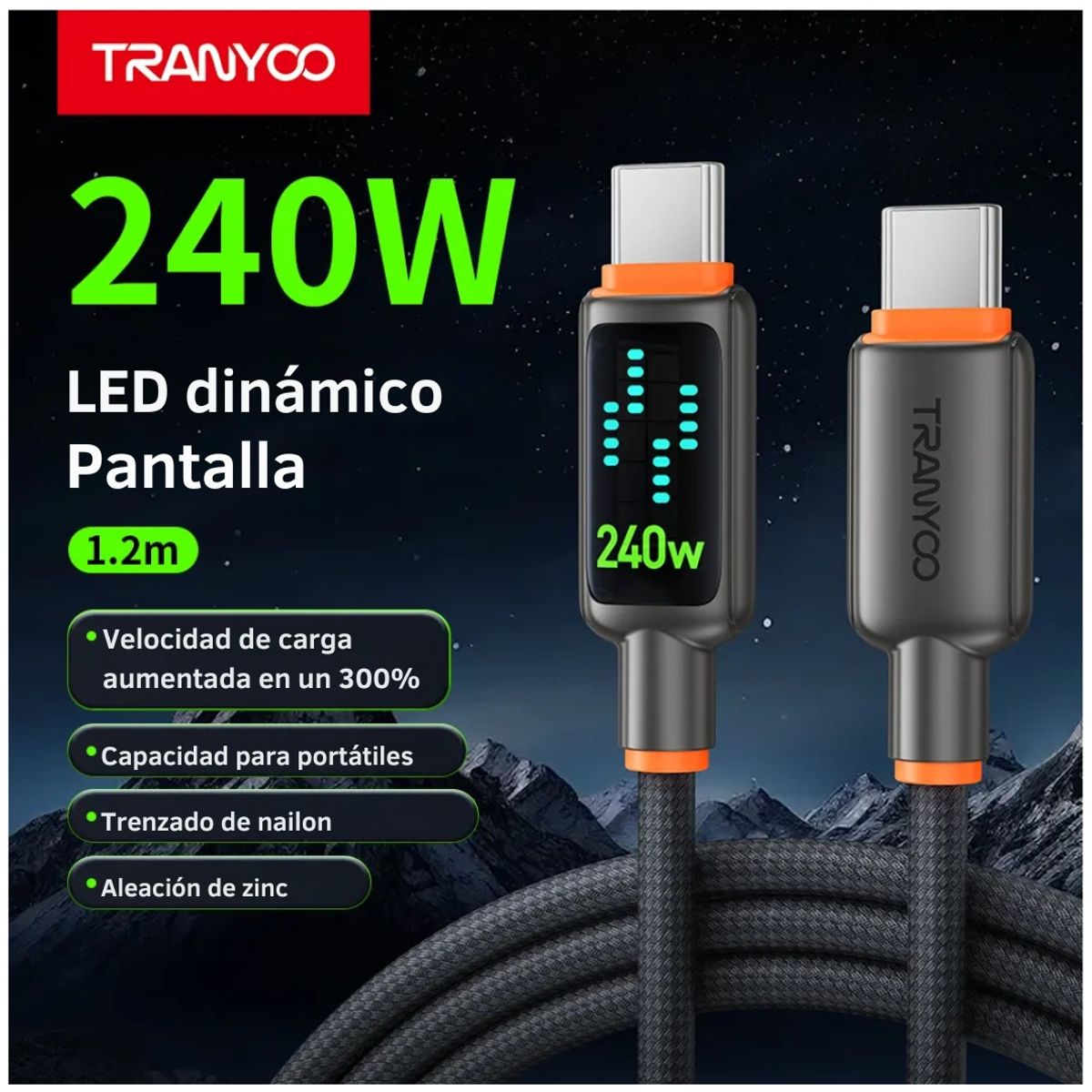 TRANYOO - Cable USB-C a USB-C 240W con LED Dinámico y Chip E-Marker 1.2 m
