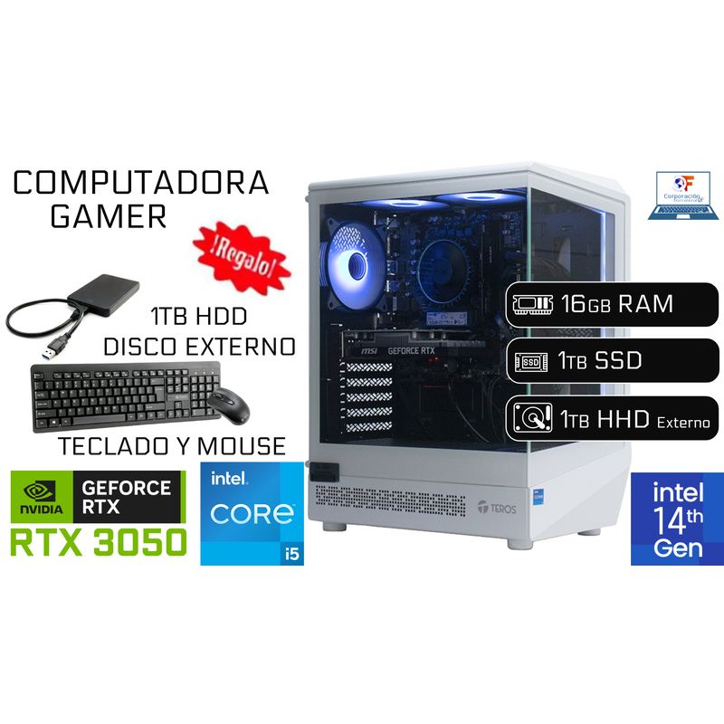 INTEL - Computadora Gamer I5 14va 16GB RAM 1TB SSD GeForce RTX 3050 6GB + 1TB HDD EXT
