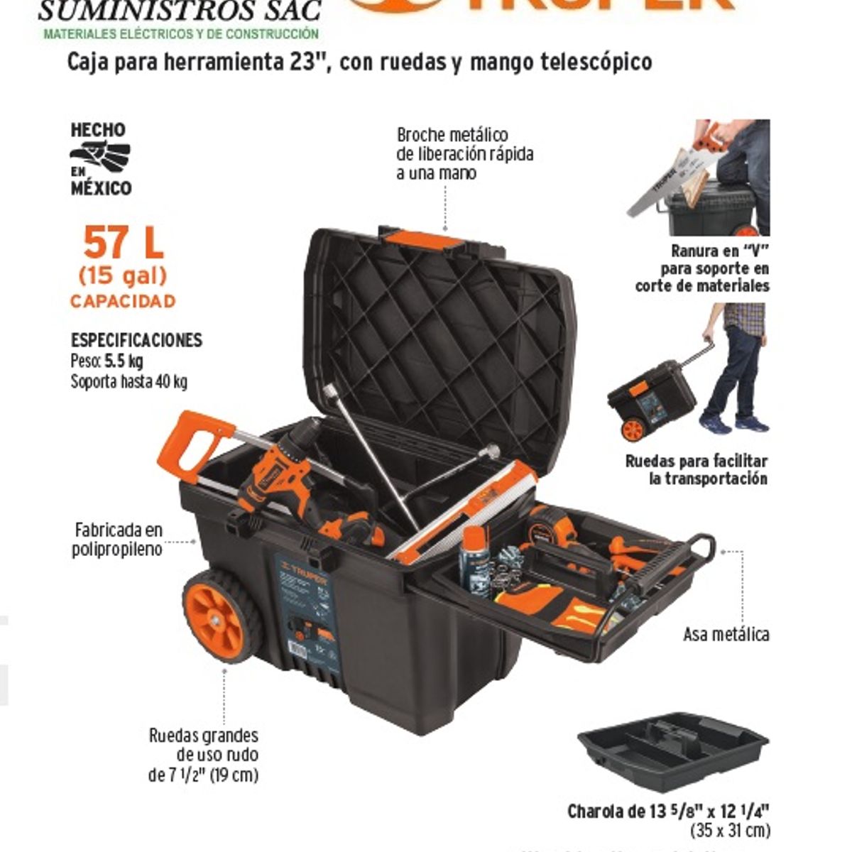 TRUPER - CAJA PARA HERRAMIENTAS 23” x 17” 57L CON RUEDAS TRUPER