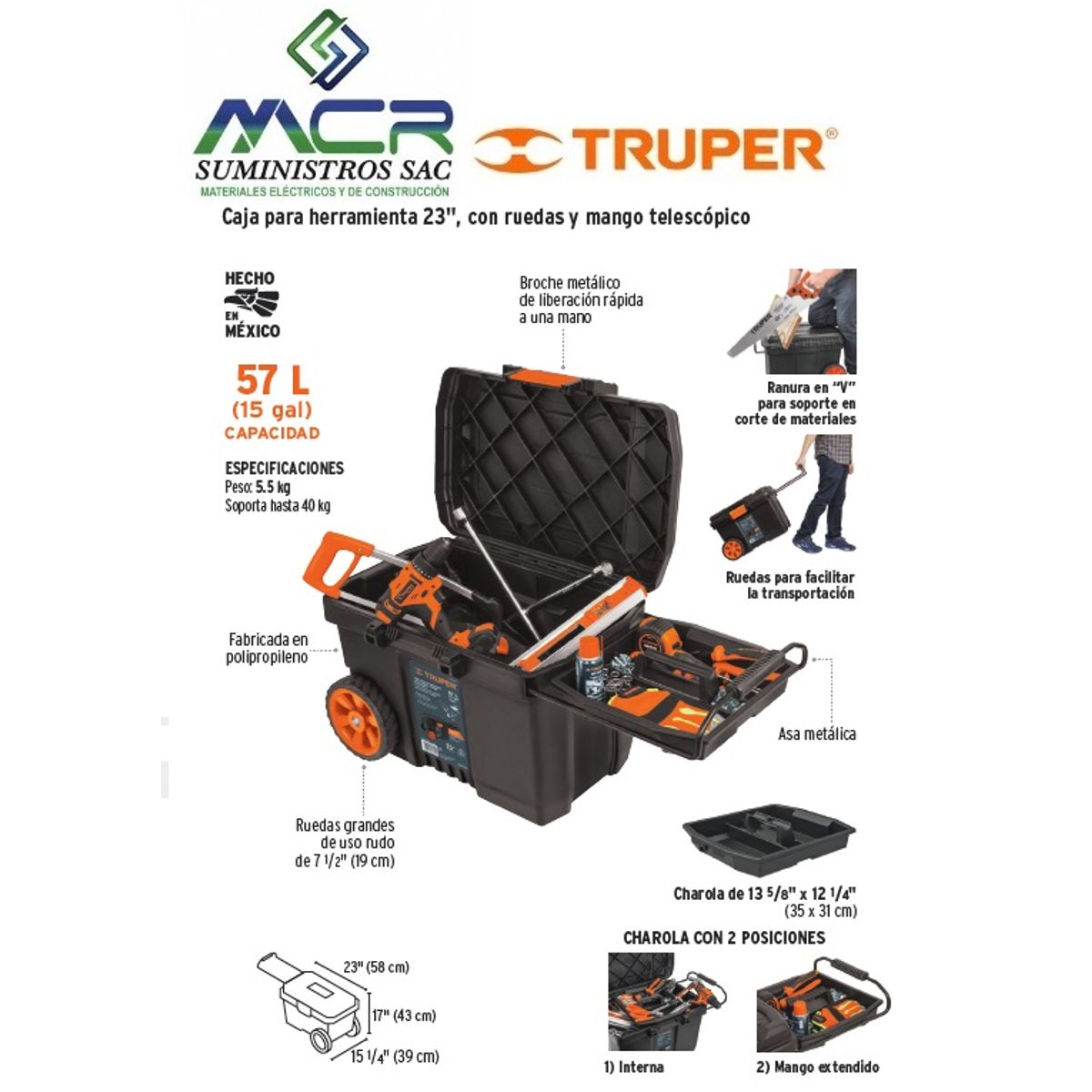 TRUPER - CAJA PARA HERRAMIENTAS 23” x 17” 57L CON RUEDAS TRUPER
