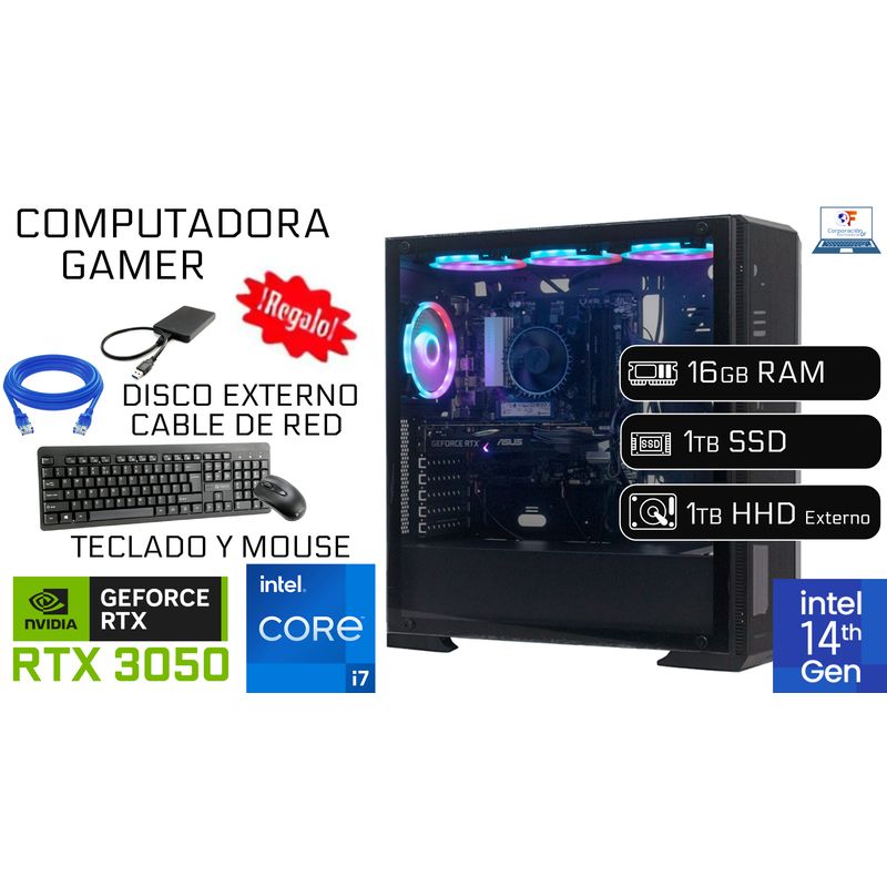 INTEL - Computadora Gamer I7 14va 16GB RAM 1TB SSD GeForce RTX 3050 8GB + 1TB HDD EXT