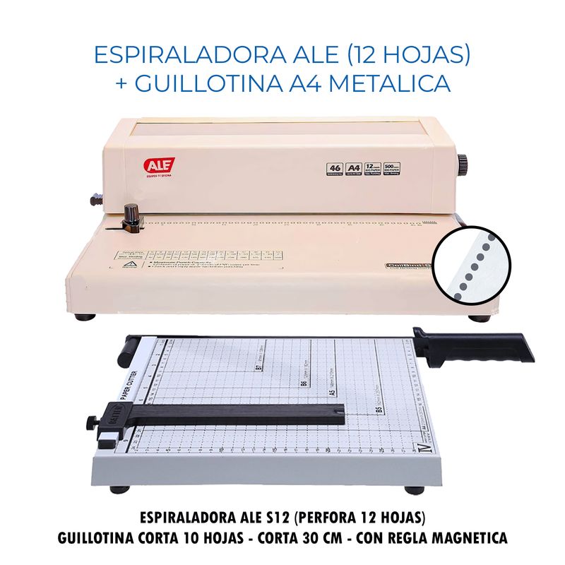 GENERICO - Espiraladora 12 Hojas ALE + Guillotina A4 Metalica