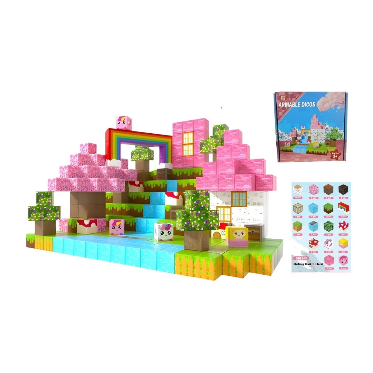 GENERICO - Bloques Magnéticos Minecraft Arcoiris y Unicornio 100pcs
