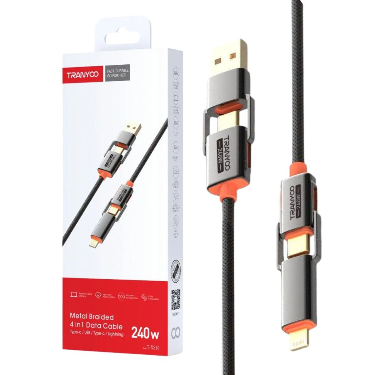 TRANYOO - Cable 4 en 1 USB-C/USB a USB-C/Lightning 240W con Chip E-Marker