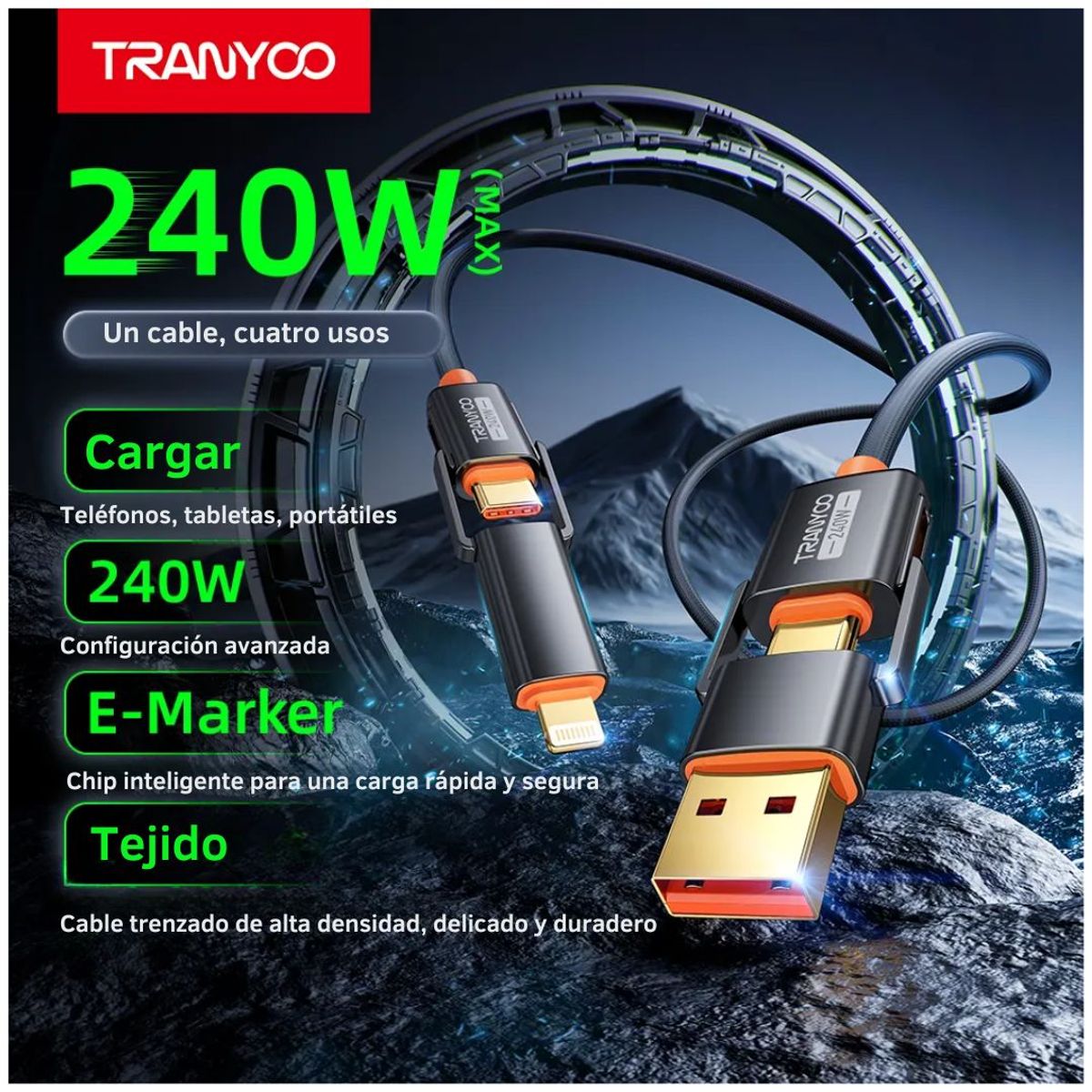 TRANYOO - Cable 4 en 1 USB-C/USB a USB-C/Lightning 240W con Chip E-Marker