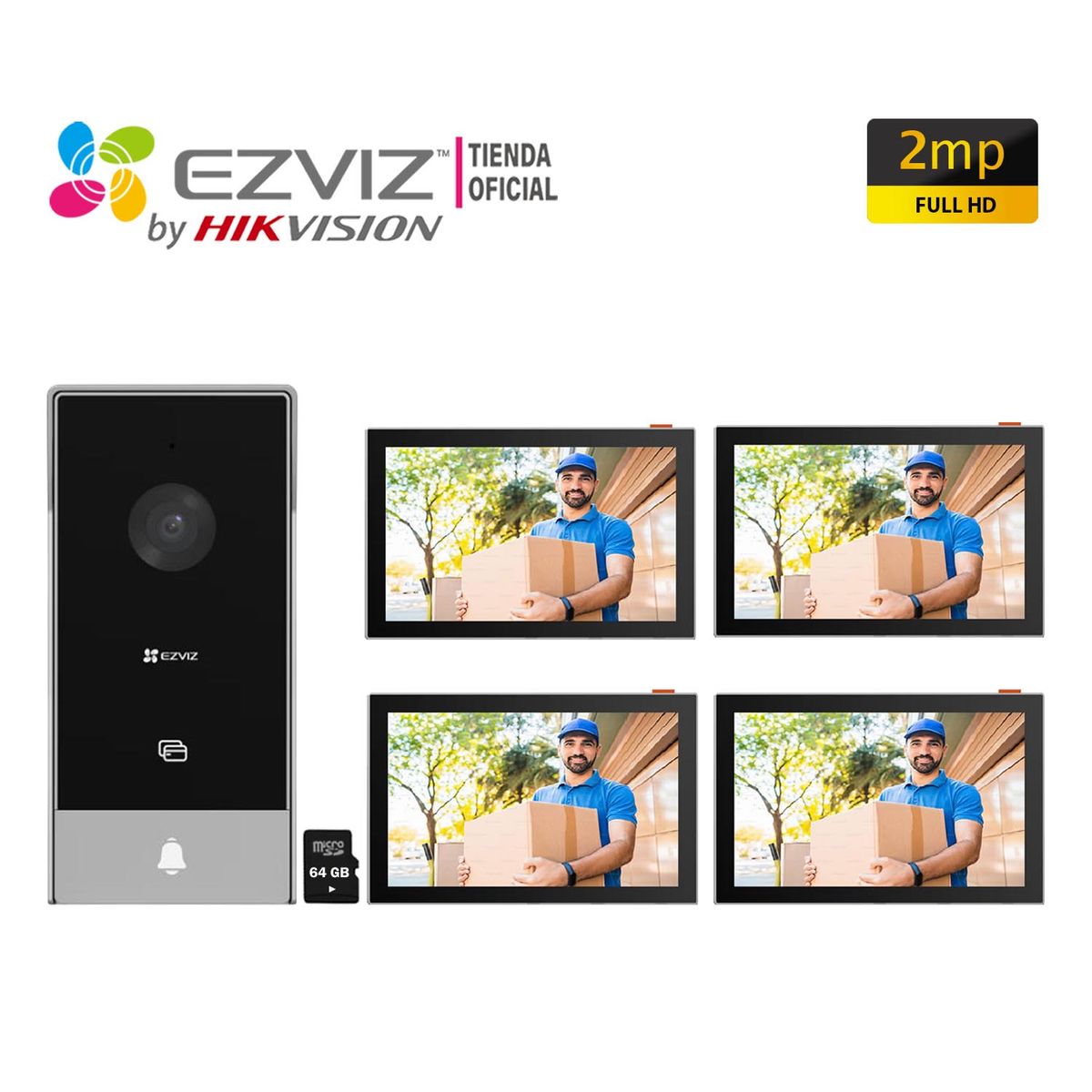 EZVIZ - Videoportero Wifi HP5 2MP Ezviz 3 Modos Desbloqueo + Ezviz 3 Monitores 64GB