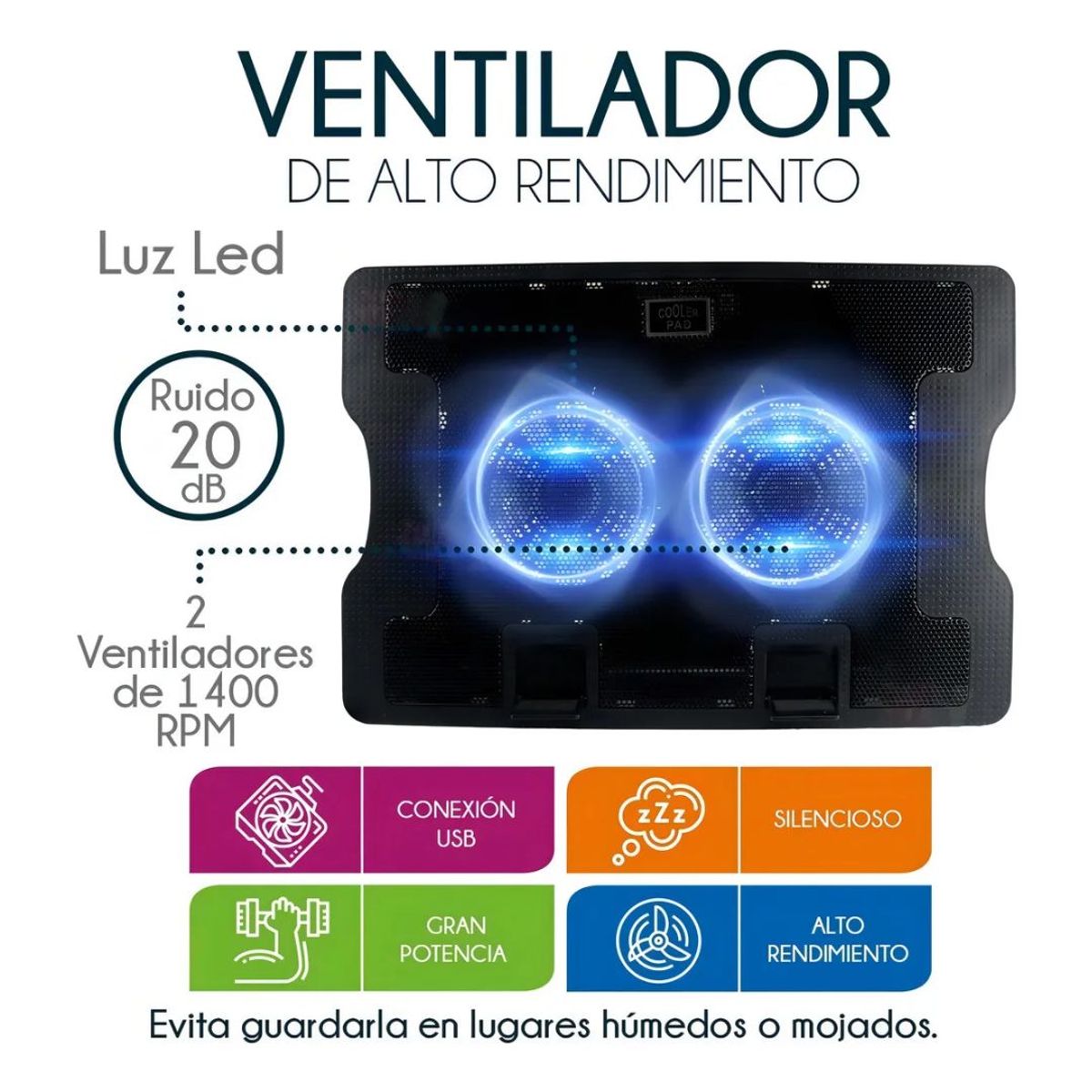 GENERICO - Cooler para Laptop 9" a 17" con 2 Ventiladores y Hub USB LED Azul