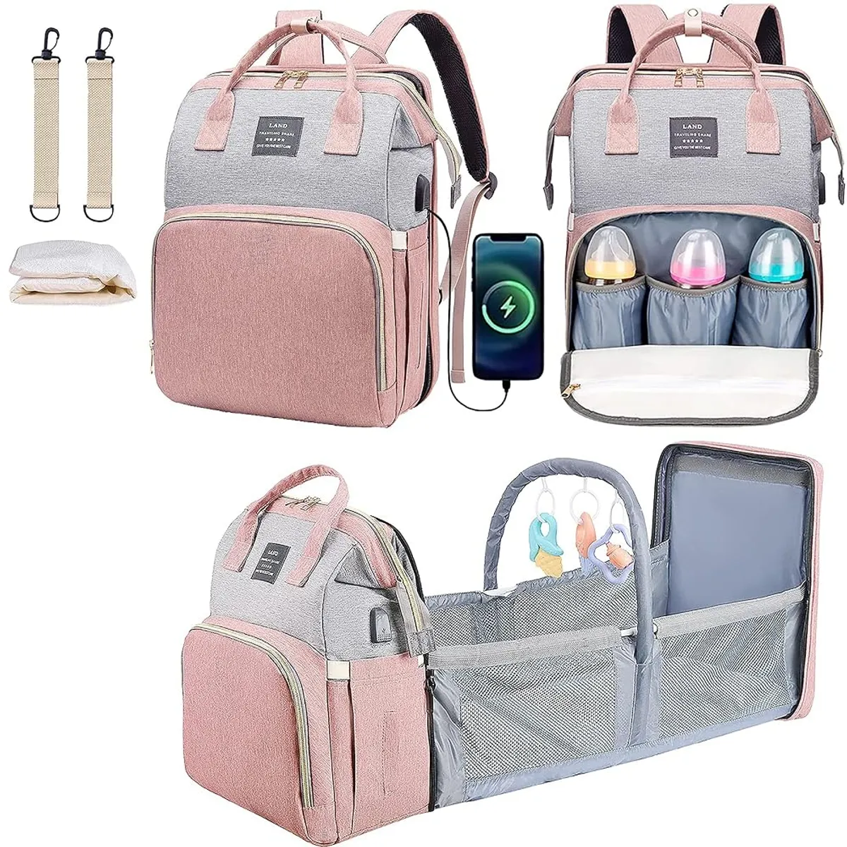 GENERICO - MOCHILA PAÑALERA CUNA 3 EN 1 CON PORTA  SONAJA