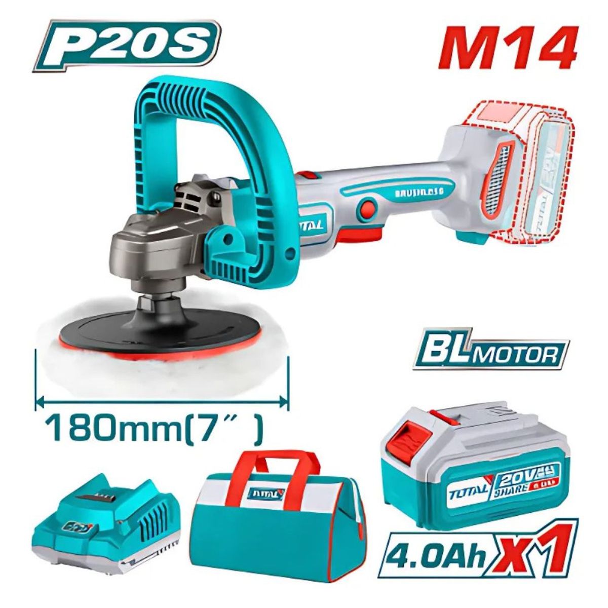 TOTAL TOOLS - Pulidora Angular LI-ION 20v 125MM 4800RPM Brushless - TAPLI20181