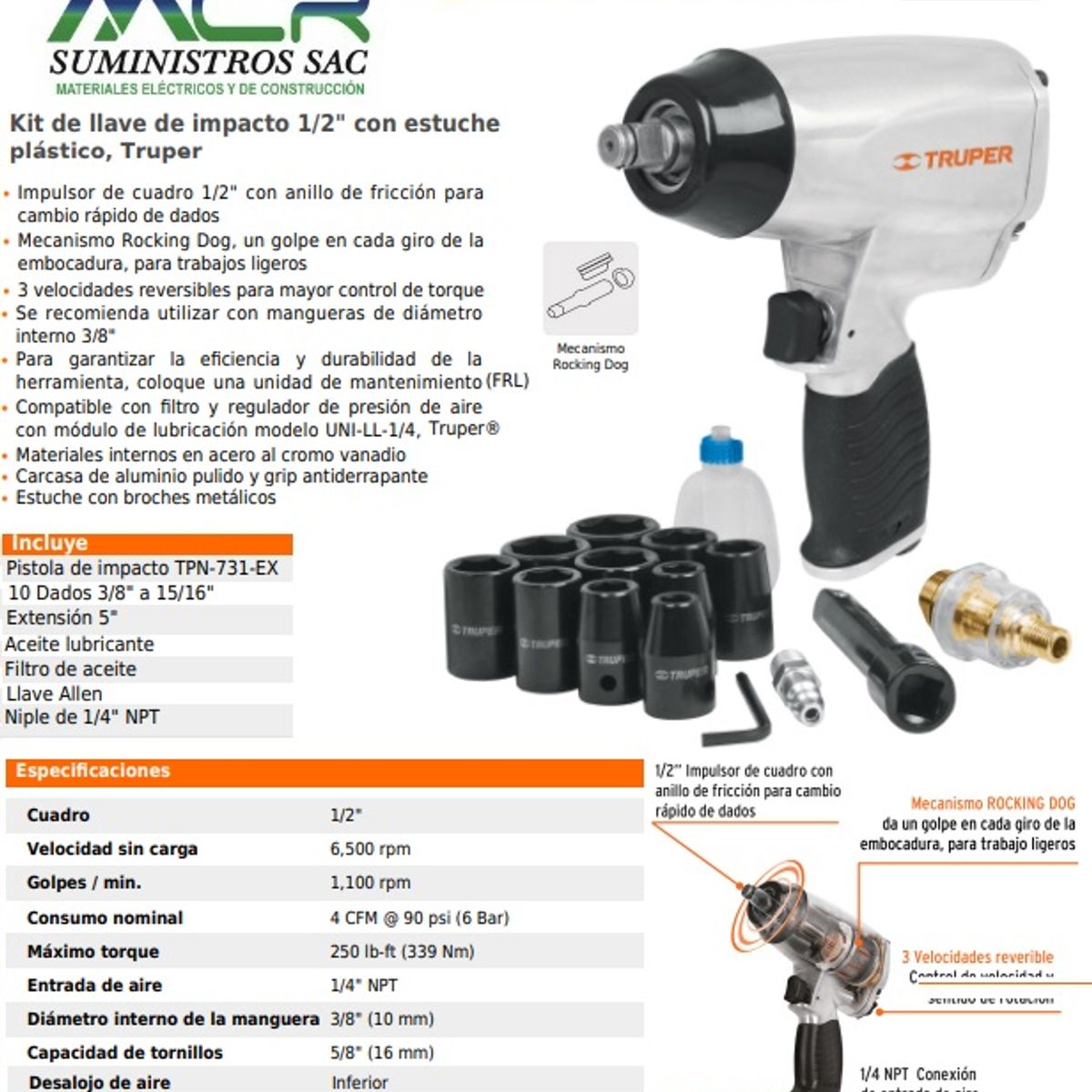 TRUPER - LLAVE DE IMPACTO ENCASTRE 1/2” KIT MALETA 250 LB-FT TRUPER