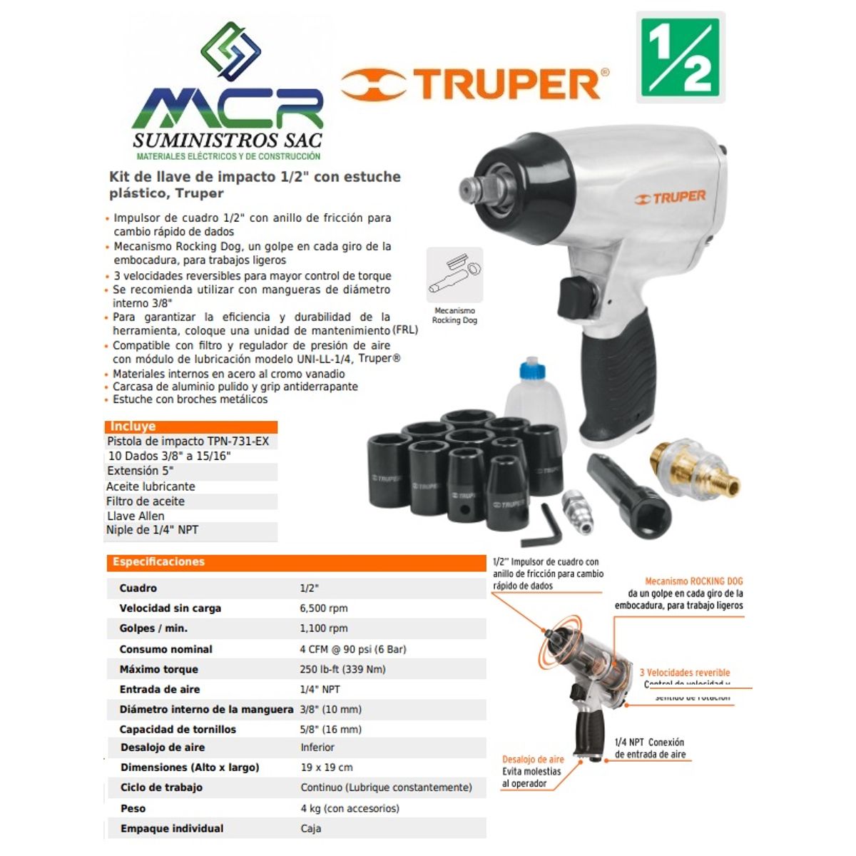 TRUPER - LLAVE DE IMPACTO ENCASTRE 1/2” KIT MALETA 250 LB-FT TRUPER