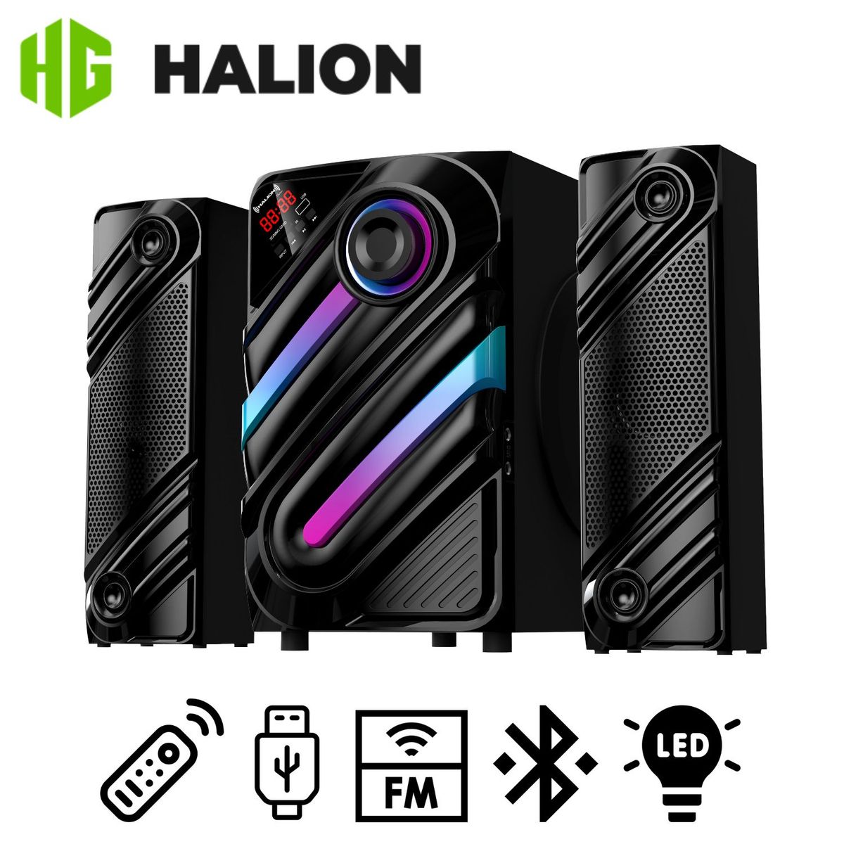 HALION - Parlante Halion HA-F77 Thanos 2.1 Bluetooth con Subwoofer 8" Luces LED