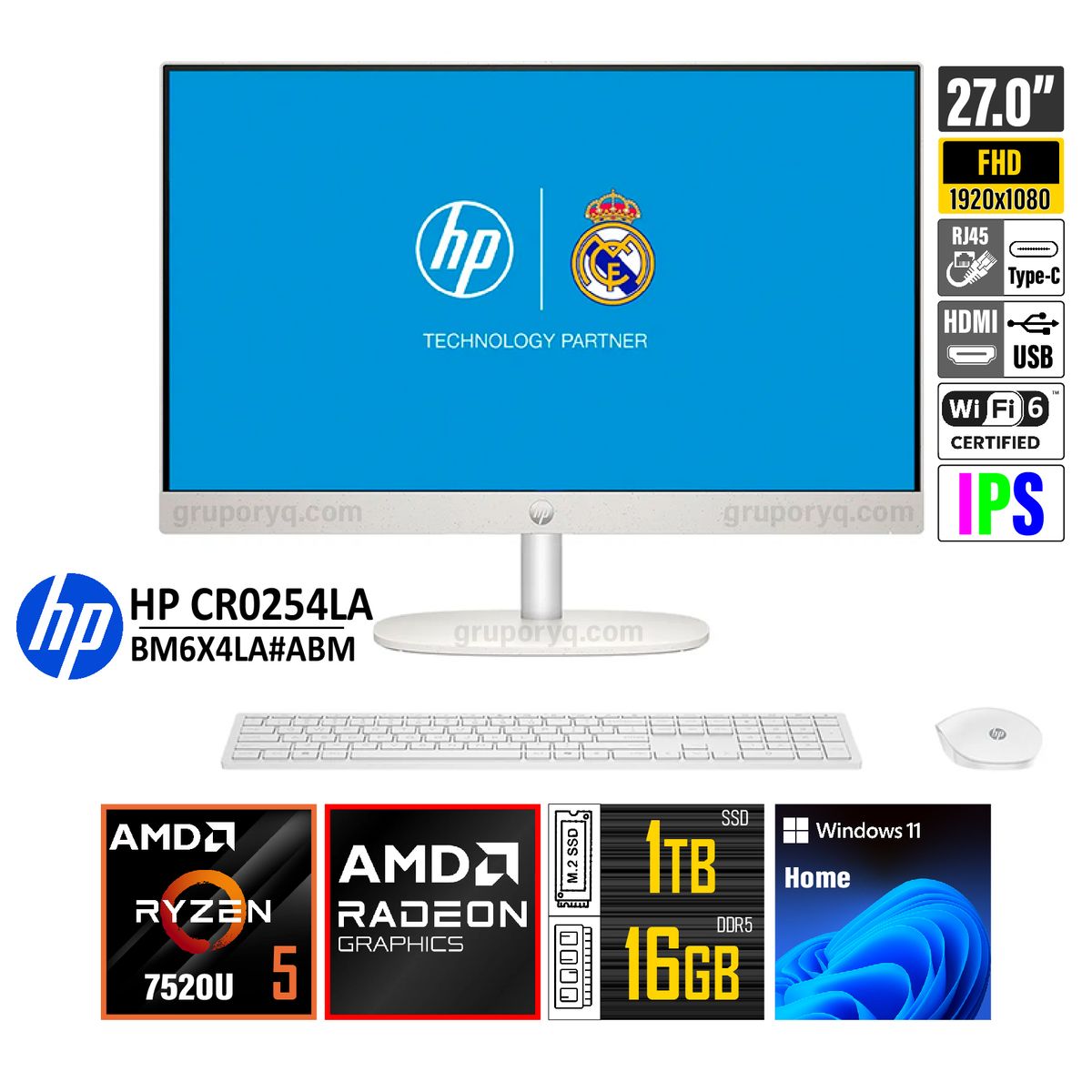 HP - All In One HP CR0254LA  AMD Ryzen 5-7520U RAM 16GB SSD 1TB Pantalla 27" FHD IPS