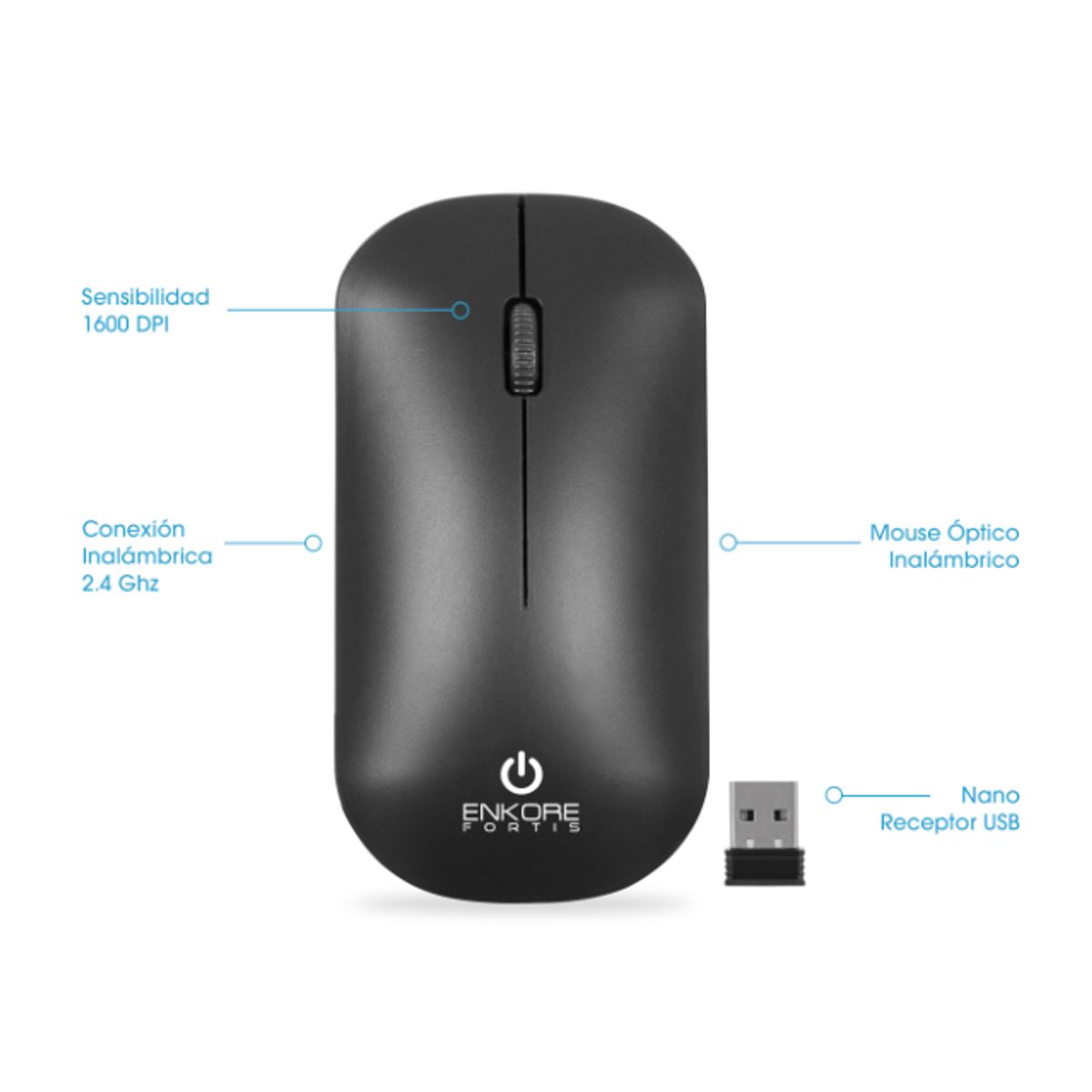 ENKORE - Mouse Oficina Inalámbrico 1600DPI Negro Enkore Fortis EKM 155