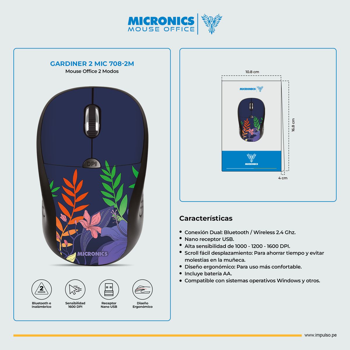 MICRONICS - Mouse 2Modos BT Inalámbrico Micronics Gardiner 2 MIC 708-2m