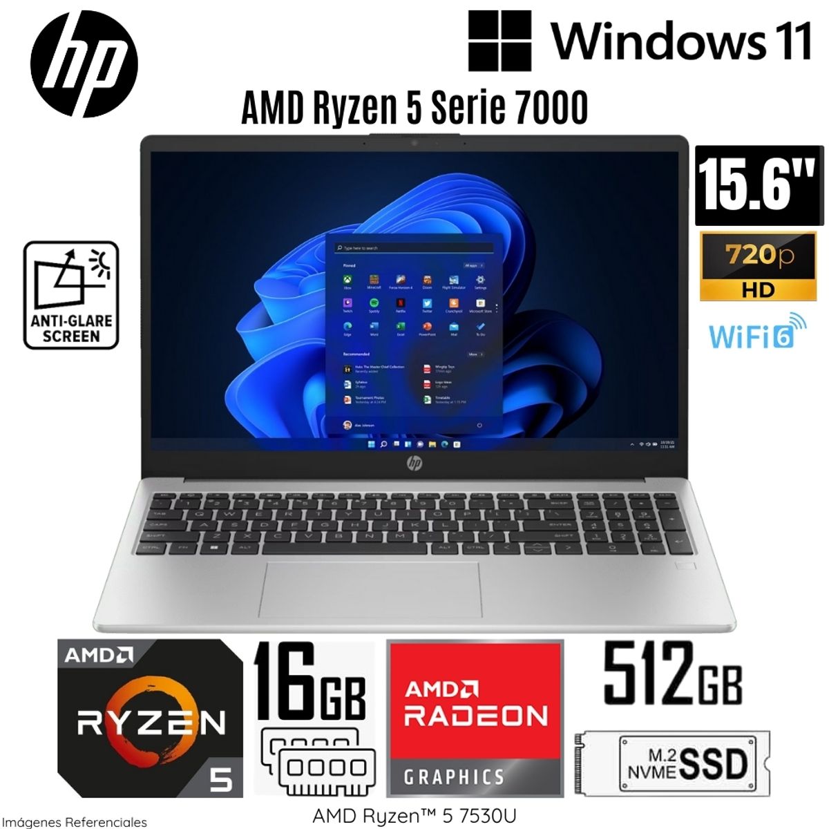HP - Laptop HP 255 G10 AMD Ryzen 5 7530U 16GB RAM 512GB SSD 15.6"  HD Silver - B03DZAT
