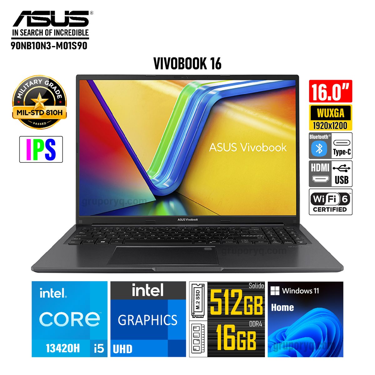 ASUS - Laptop ASUS Vivobook 16 Intel Core i5-13420H RAM 16GB SSD 512GB 16" WUXGA IPS