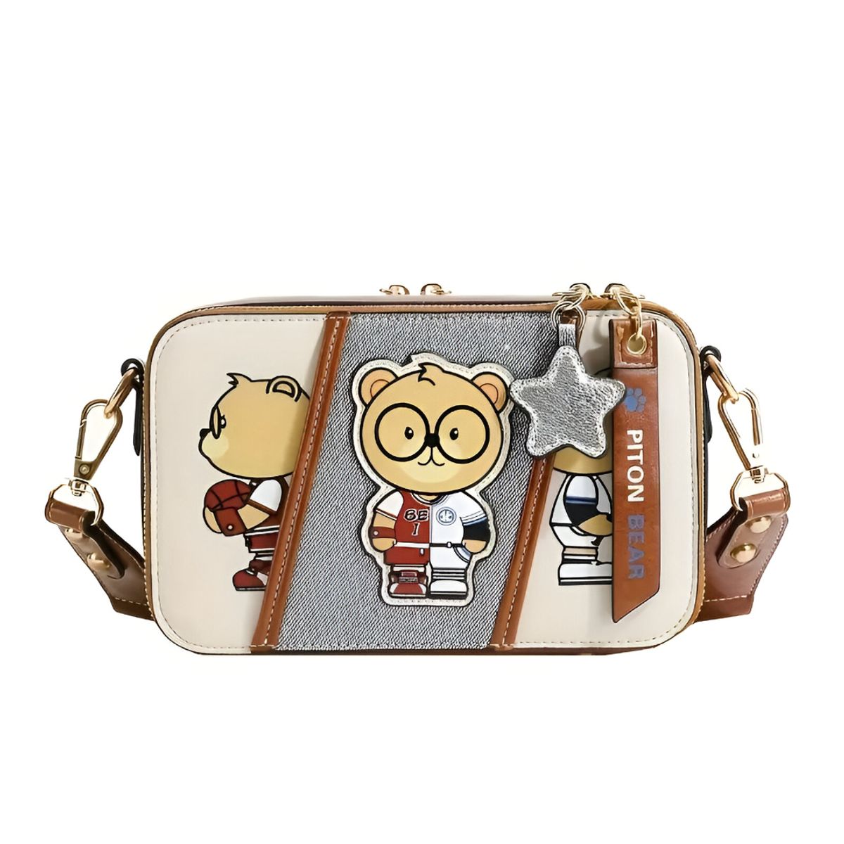 GENERICO - CARTERA PITON BEAR CUERO PU OSITO BEIGE ESTRELLA