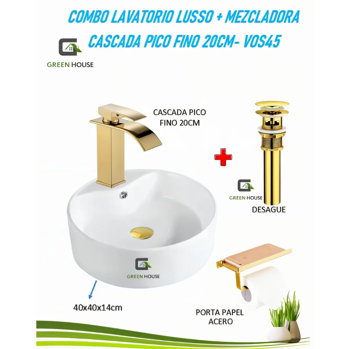 GREEN HOUSE - COMBO LAVATORIO LUSSO + MEZCLADORA DORADO PICO FINO 20CM- VOS43