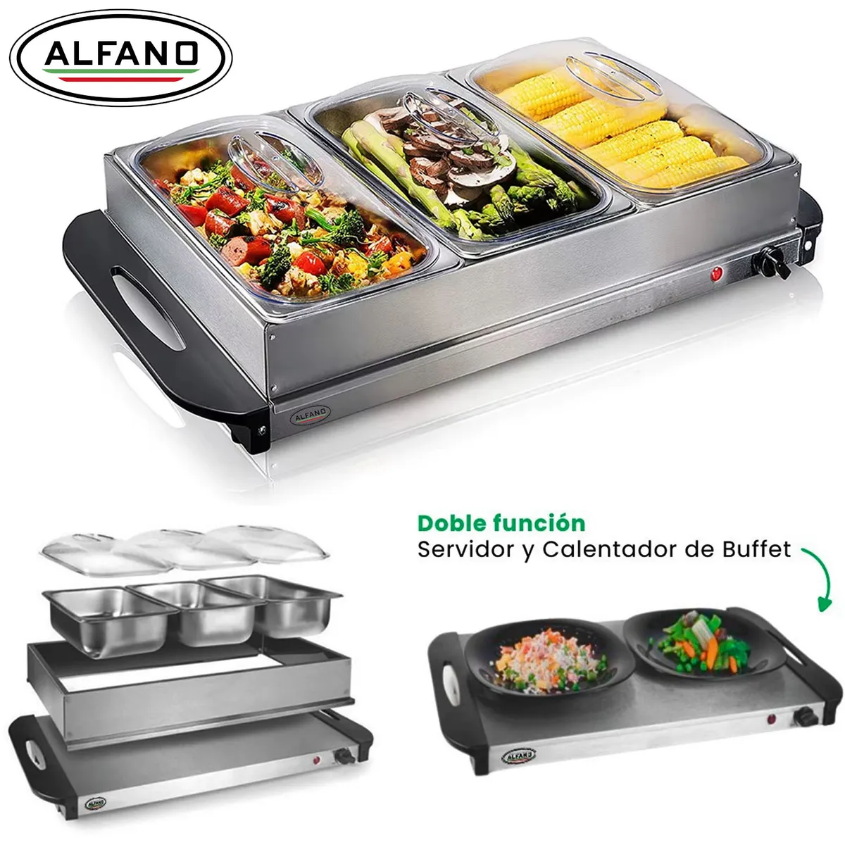 ALFANO - Samovar Calentador y Servido Buffet de 3 divisiones