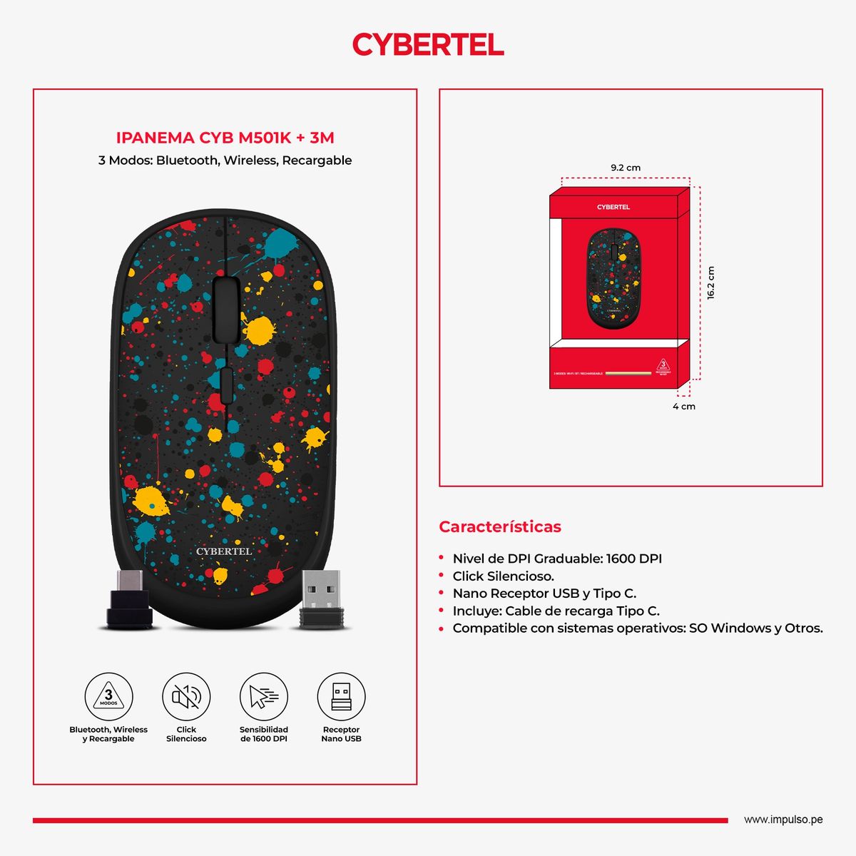 CYBERTEL - Mouse 3ModosBT InalámbricoRecargableNegro Cybertel Ipanema CYBM501k+3M