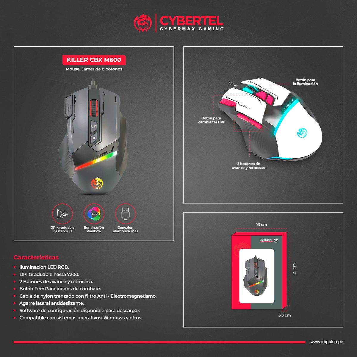 CYBERTEL - Mouse Gamer Alámbrico 8B 7200DPI Cybertel Killer CBX M600