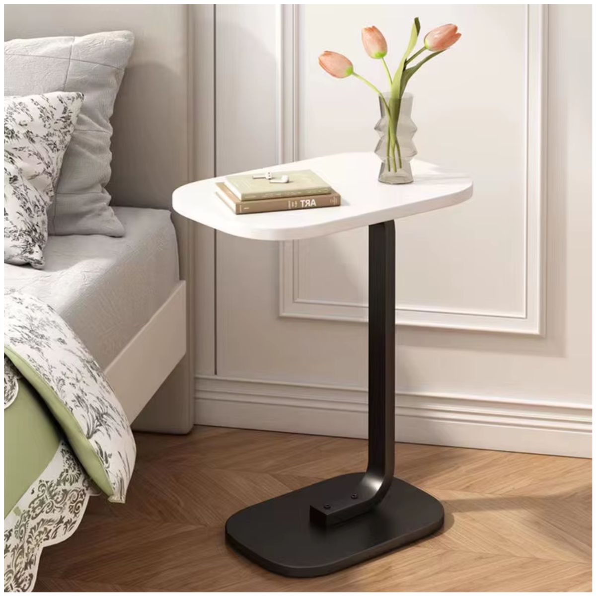 INSPIRA MARKET - Mesa Auxiliar de Centro Oval B Blanco Marmoleado y Negro