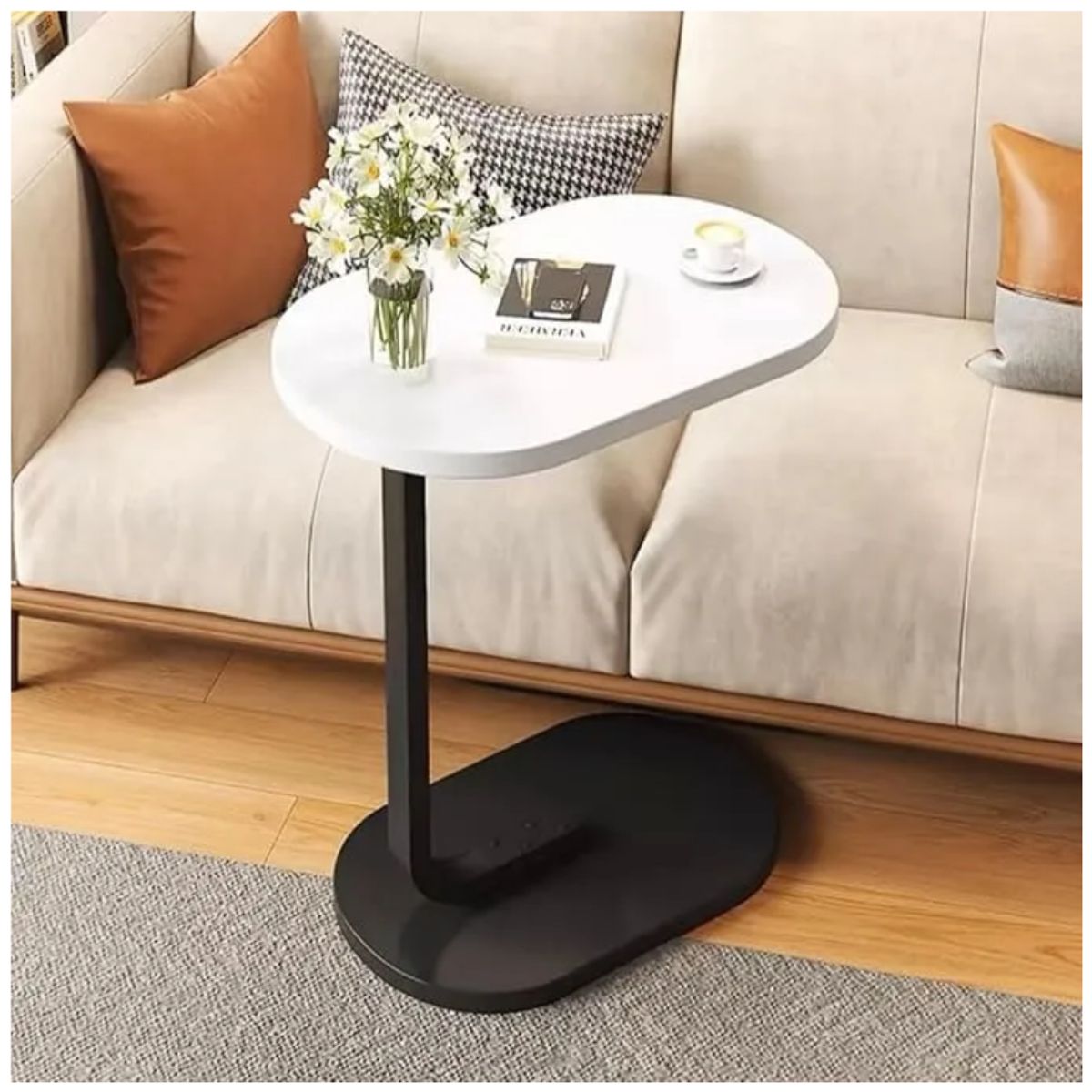 INSPIRA MARKET - Mesa Auxiliar de Centro Oval B Blanco Marmoleado y Negro