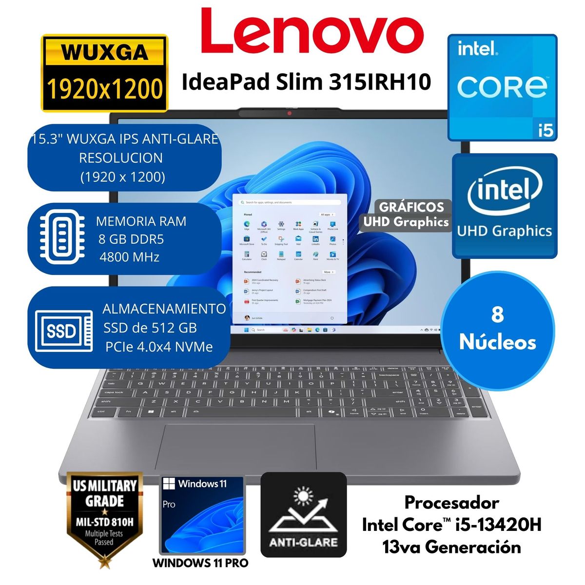LENOVO - Laptop Lenovo IdeaPad Slim 3 Intel Core i5 (15IRH10) RAM 8 GB SSD 512 GB 15.3"FHD Windows 11 PRO