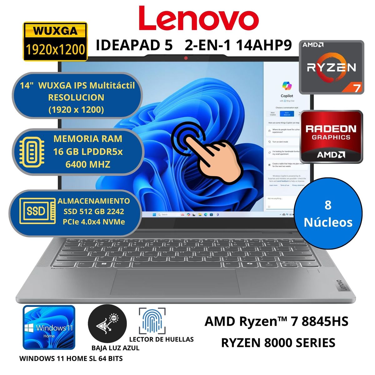 LENOVO - LAPTOP LENOVO AMD RYZEN 7 (IDEAPAD 2 EN 1)RAM 16 GB SSD 512 GB 14" WUXGA TÁCTIL WINDOWS 11