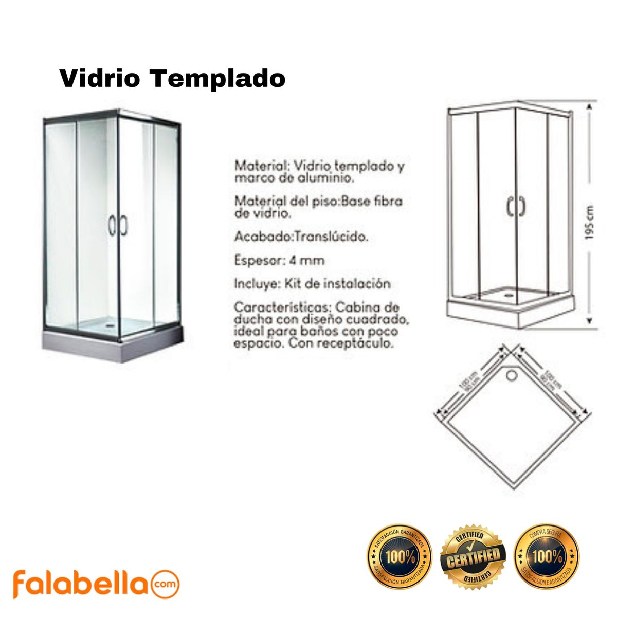 GENERICO - CABINA DE DUCHA CUADRADO MÁS BASE Y KIT DE INSTALACIÓN
