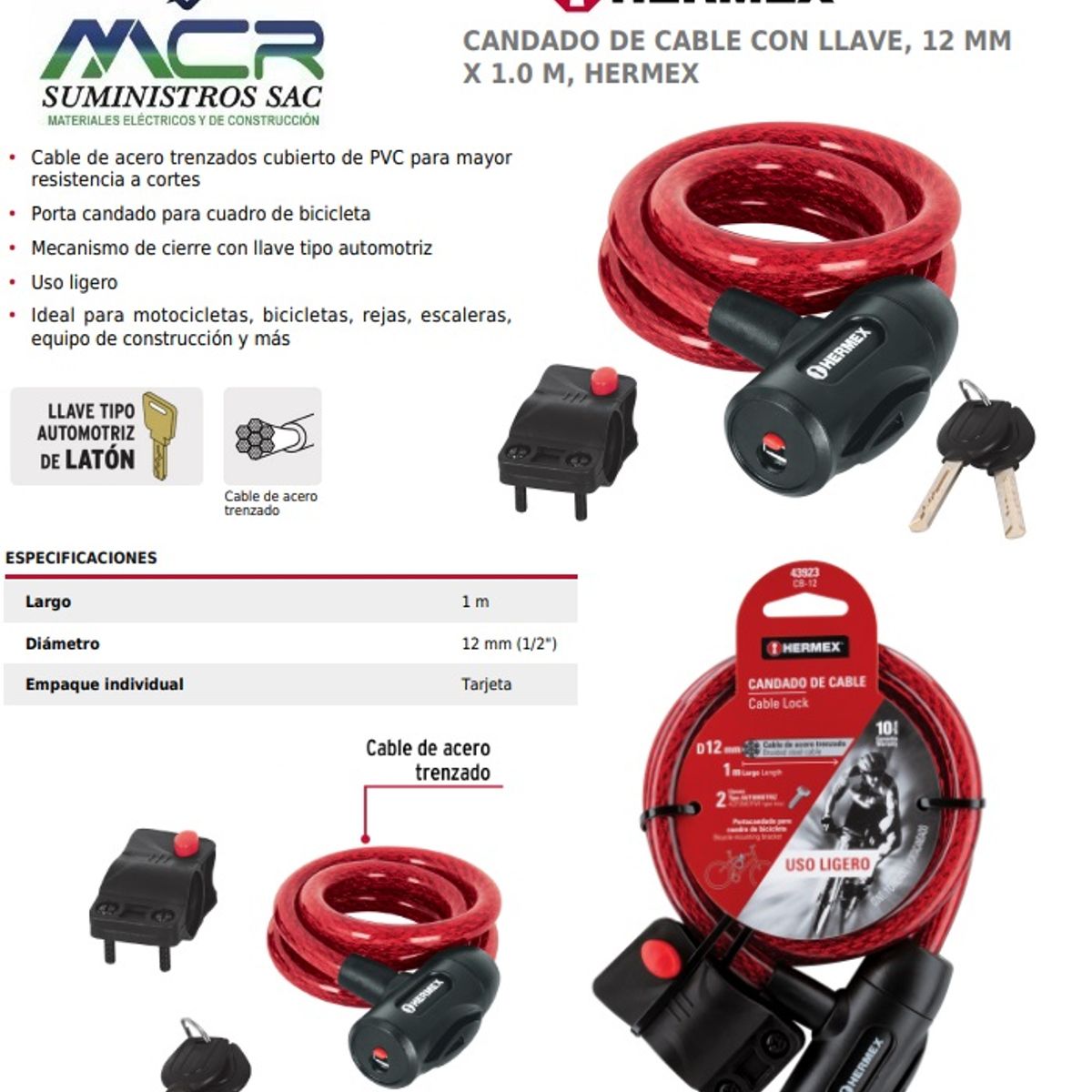 TRUPER - CANDADO DE CABLE CON 2 LLAVES DIAMETRO 12mm HERMEX