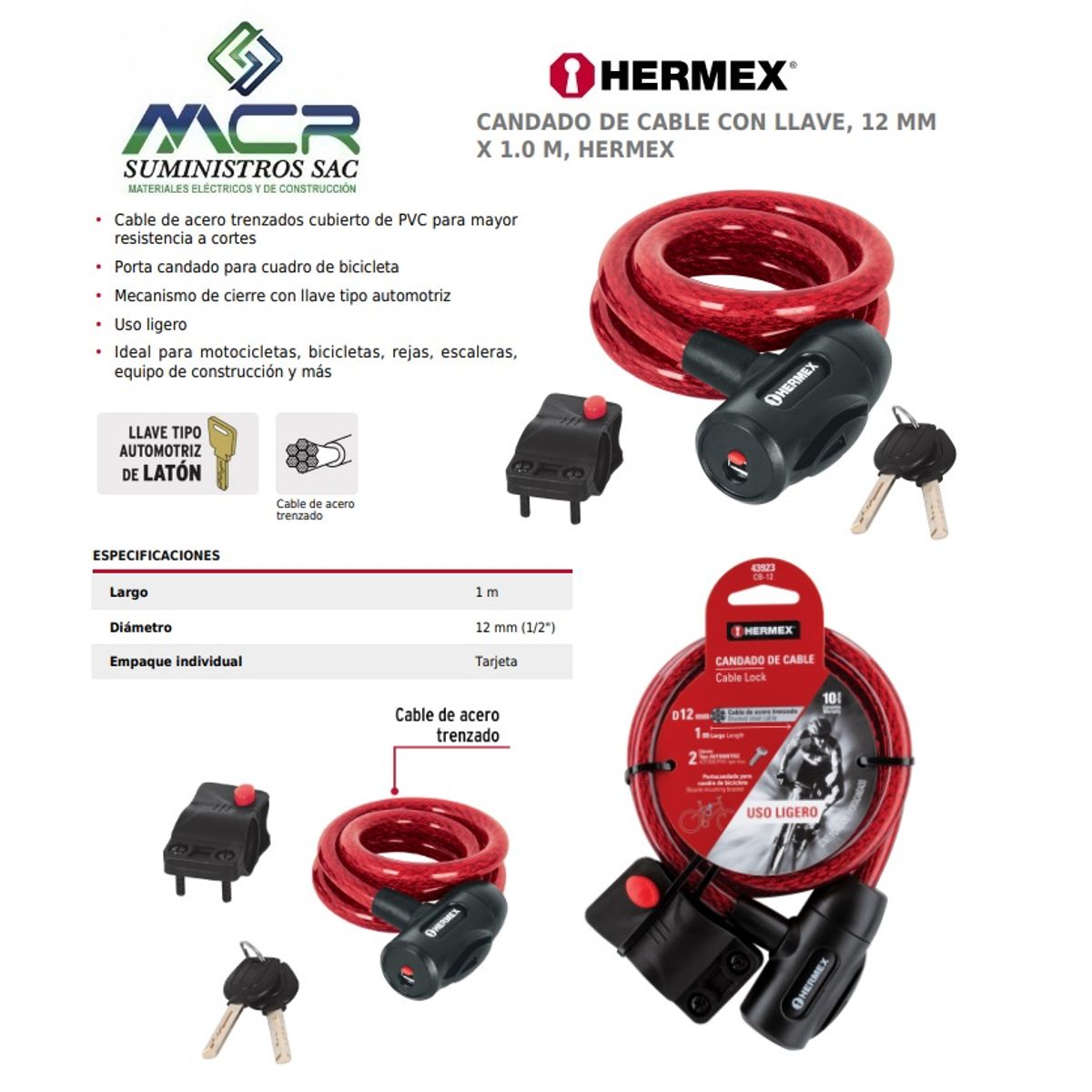 TRUPER - CANDADO DE CABLE CON 2 LLAVES DIAMETRO 12mm HERMEX