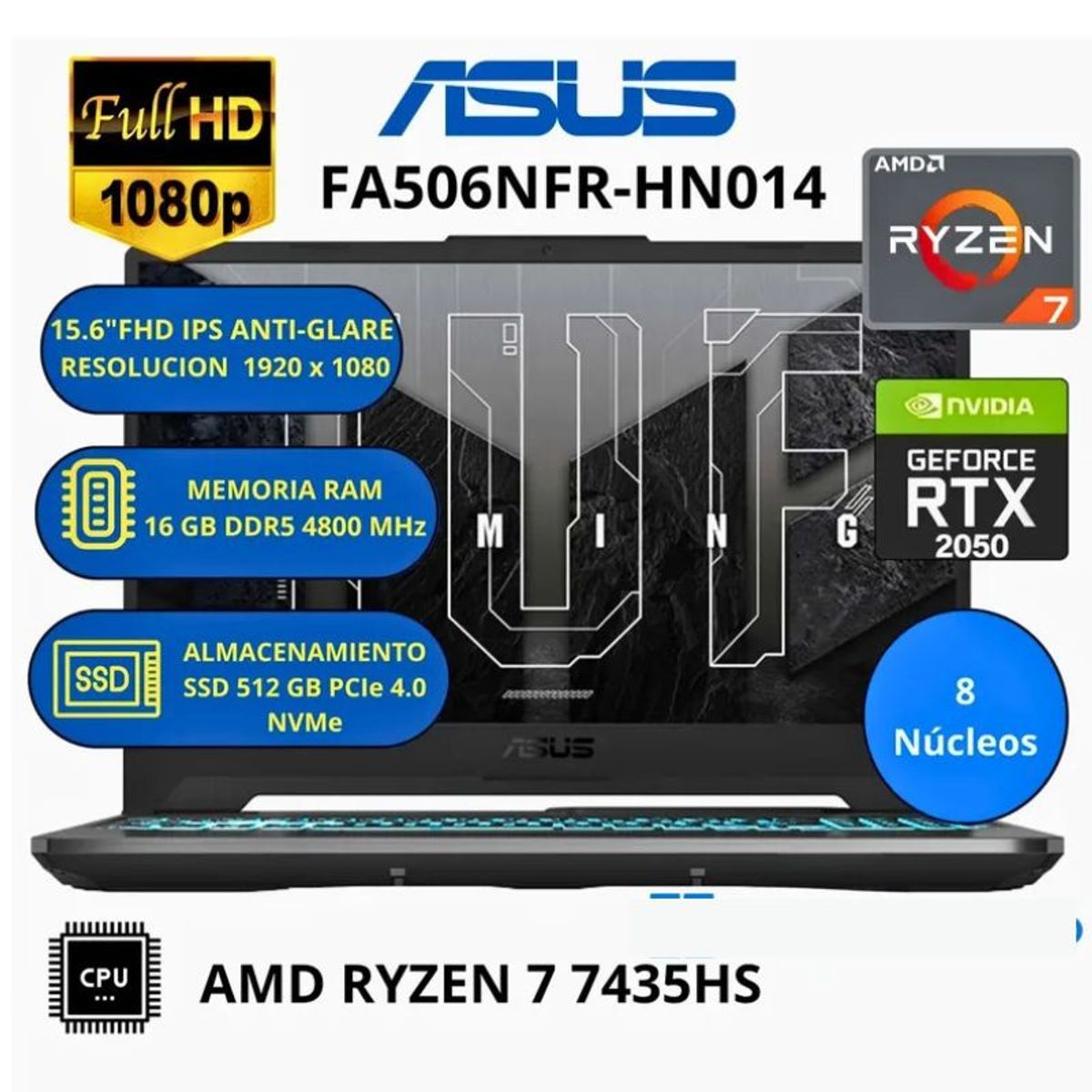 ASUS - Laptop Asus Tuf A15 FA506NFR-HN014 AMD Ryzen 7 7435HS 16GB Ram 512gb SSD  RTX 2050 4GB 15.6" Free Dos