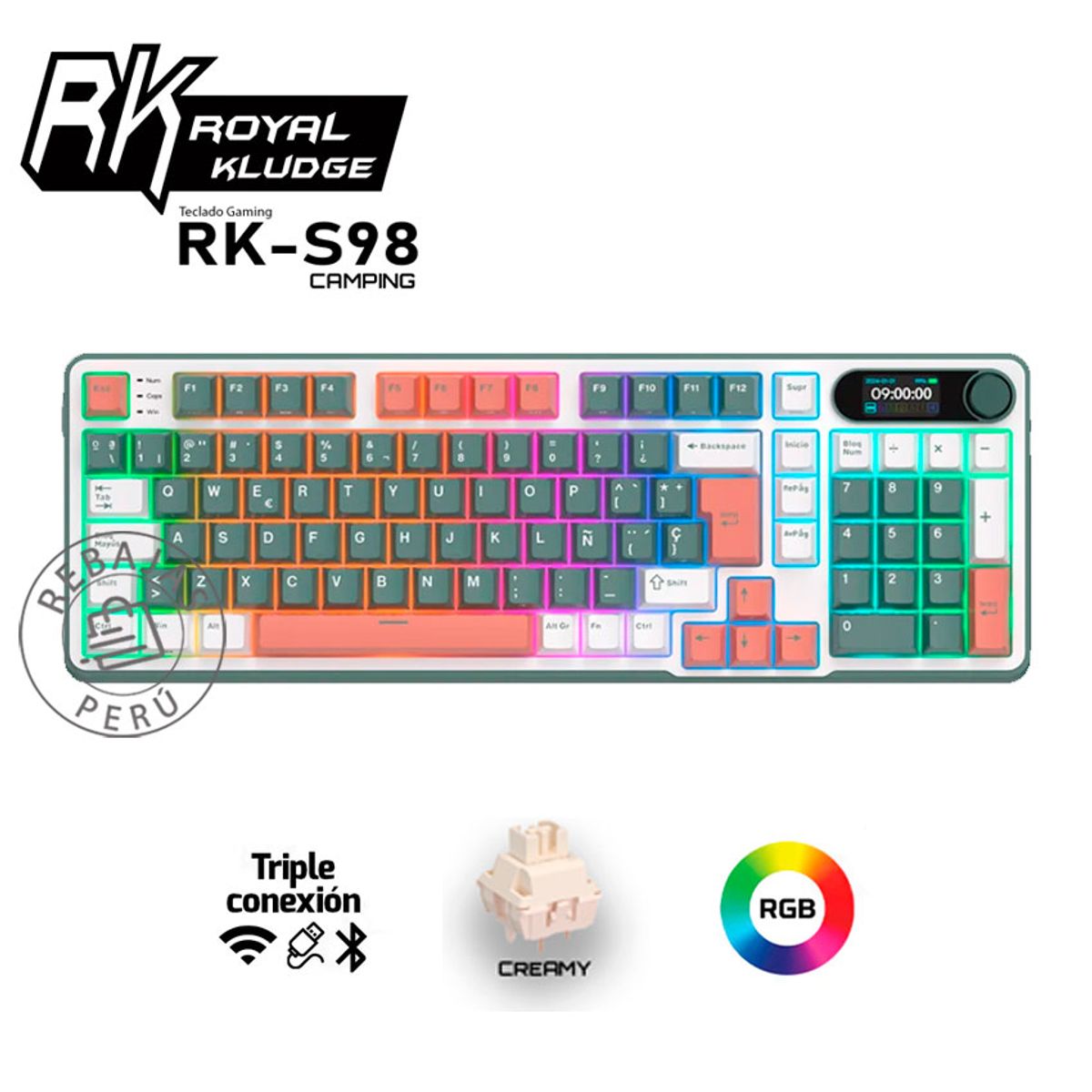 ROYAL KLUDGE - Teclado Mecánico Royal Kludge RK S98 Inalámbrico RGB Camping Creamy