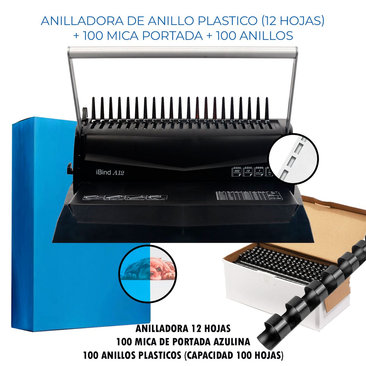 GENERICO - Anilladora AnilloPlastico 12 Hoja + 100 Portada + 100 Anillo