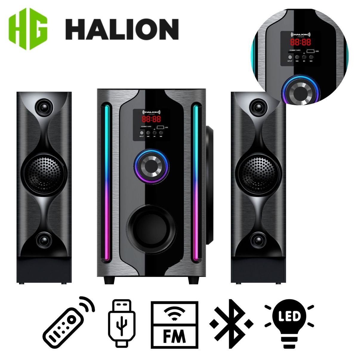 HALION - Parlante Halion HA-F84 Avenger 2.1 Subwoofer 8" Luces RGB USB SD BT FM