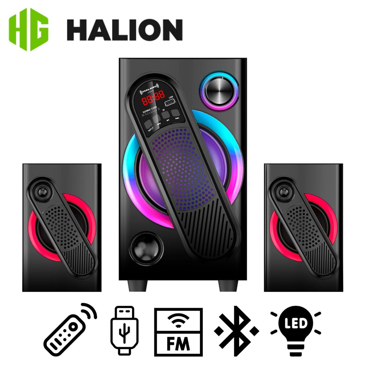 HALION - Parlante Halion HA-F61 Gordon 2.1 Bluetooth Subwoofer 5.25″ Luces RGB