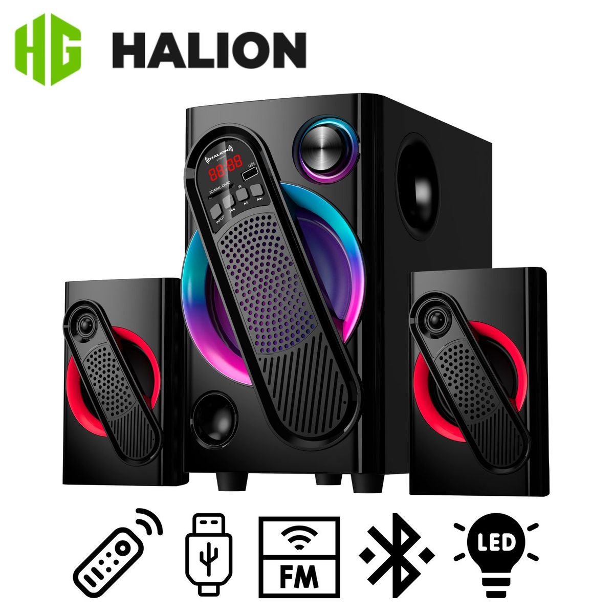 HALION - Parlante Halion HA-F61 Gordon 2.1 con Subwoofer 5.25″ Luces RGB USB SD BT FM